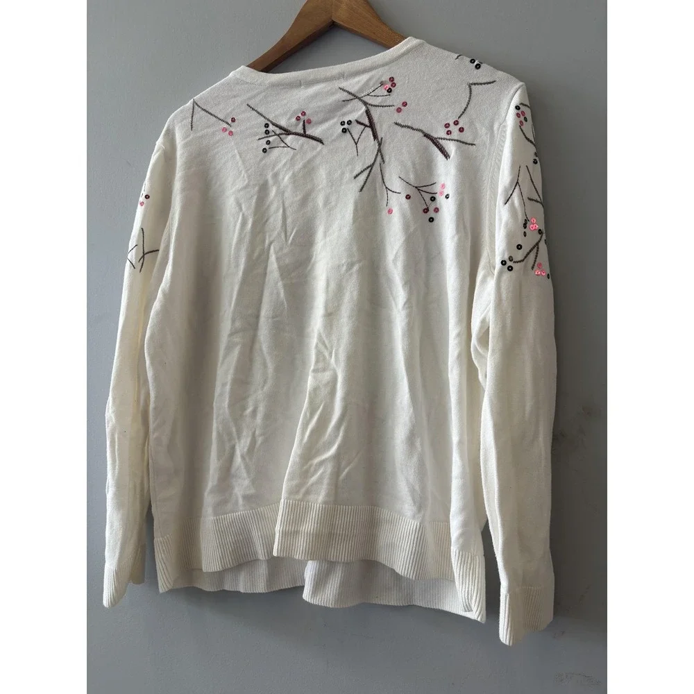 CJ Banks Cardigan Sweater Womens 1X White Cardinal Bird Embroidered Button Front
